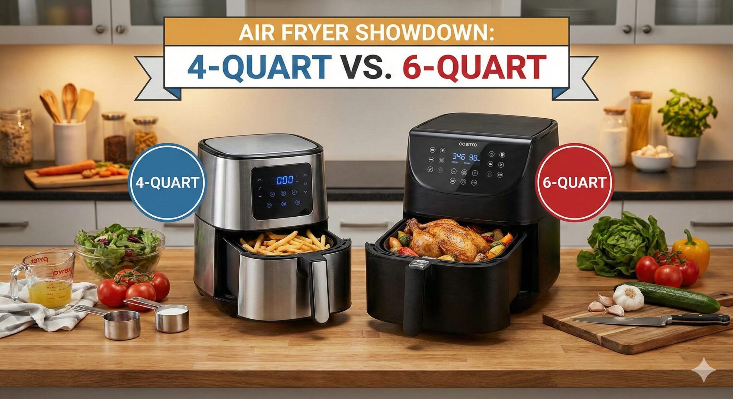 4 quart versus 6 quart air fryer comparison on kitchen counter