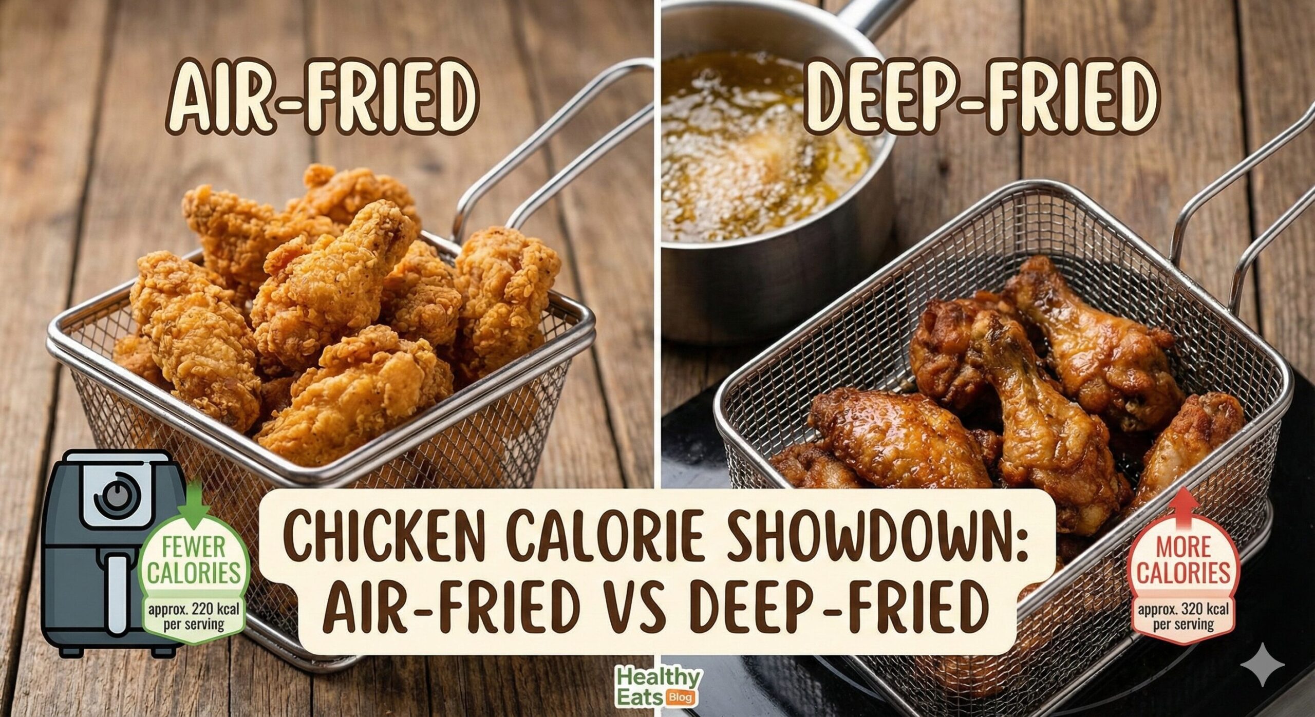 Crispy golden air fried chicken wings next to oil deep fryer