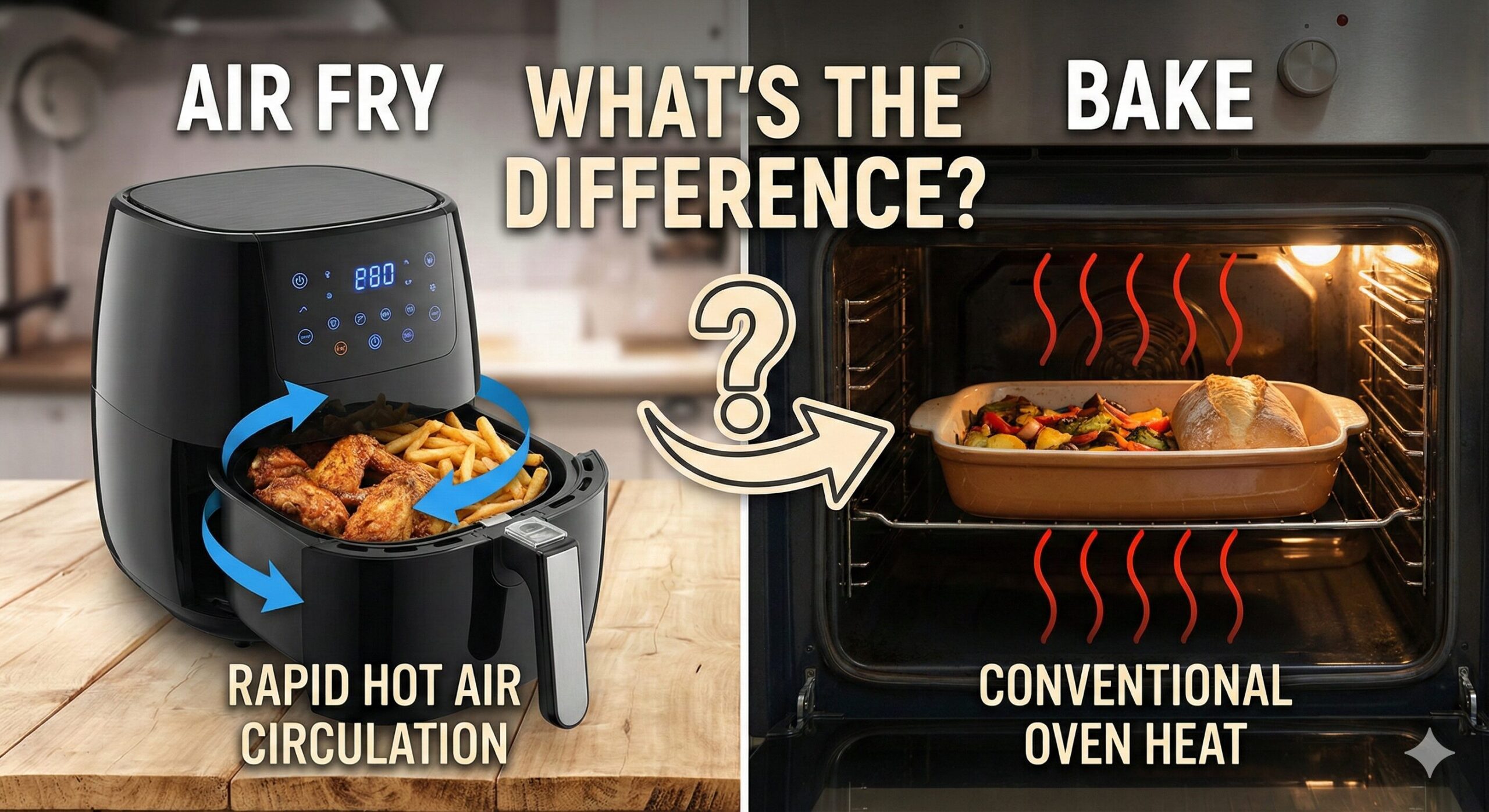Side by side comparison of a convection air fryer basket and a traditional oven baking sheet