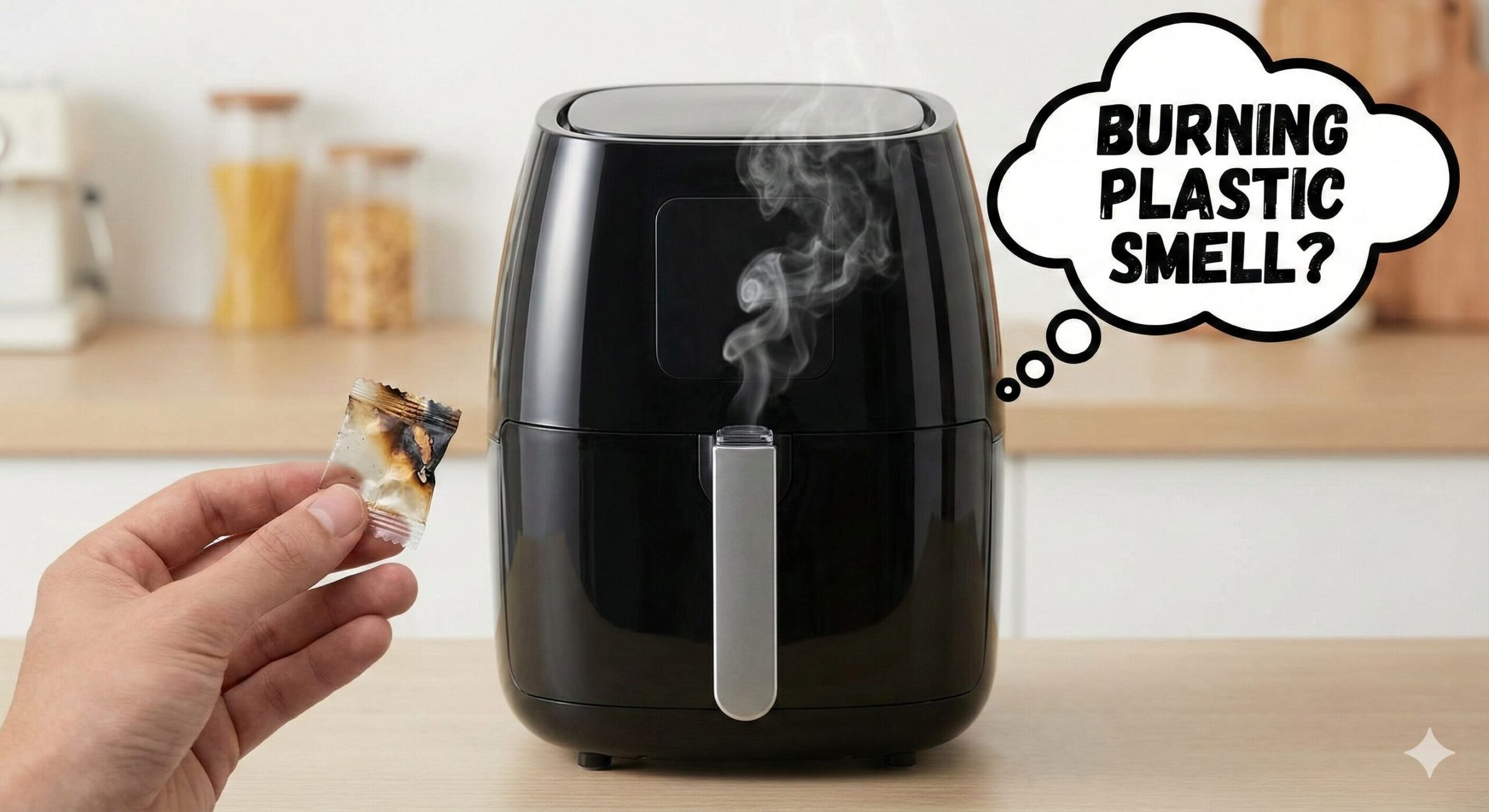 Person inspecting an air fryer basket in a kitchen
