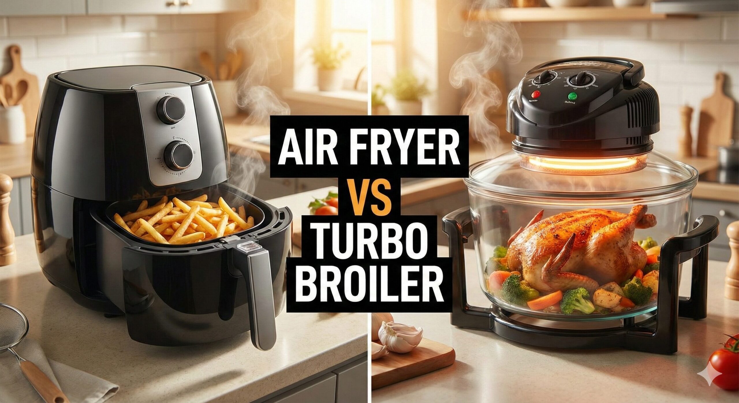 Turbo Broiler glass oven next to a modern digital Air Fryer