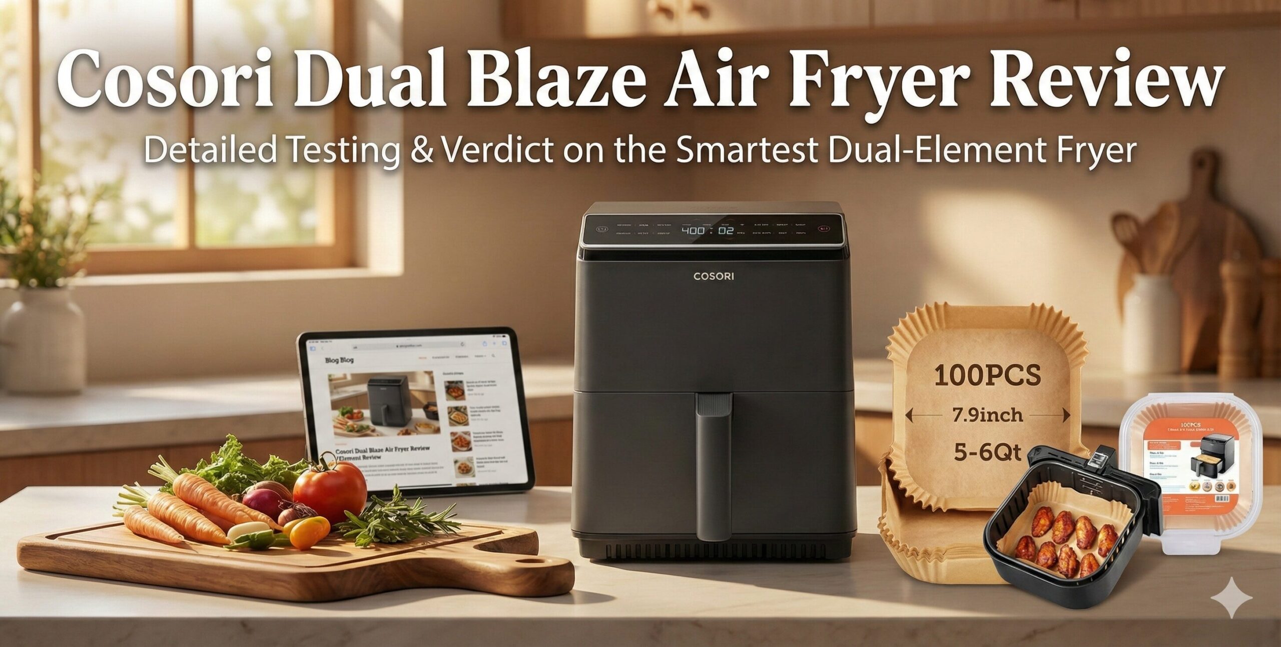 Cosori Dual Blaze Air Fryer on a modern kitchen counter