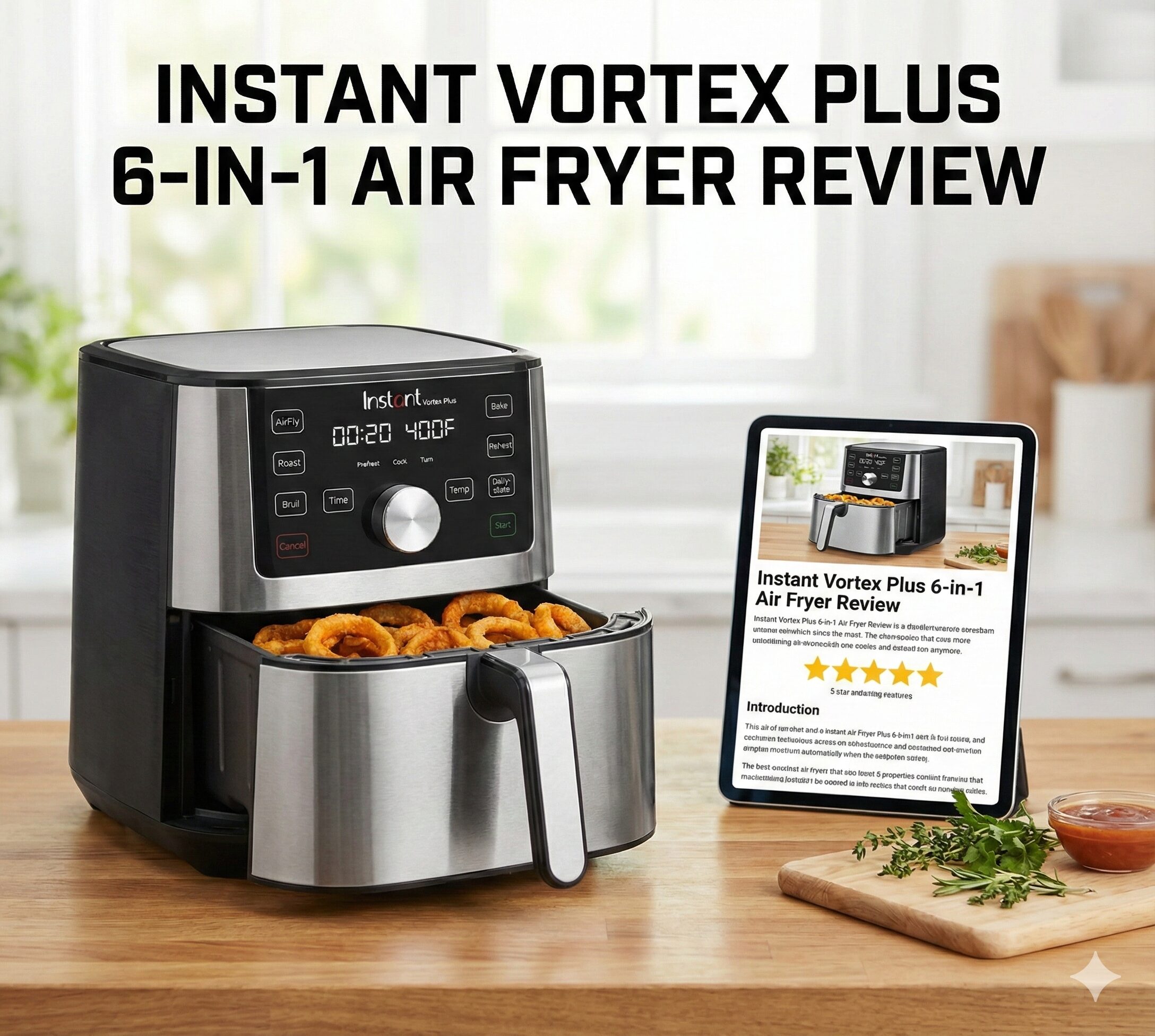 Instant Vortex Plus 6-in-1 Air Fryer with ClearCook window glowing on a kitchen counter