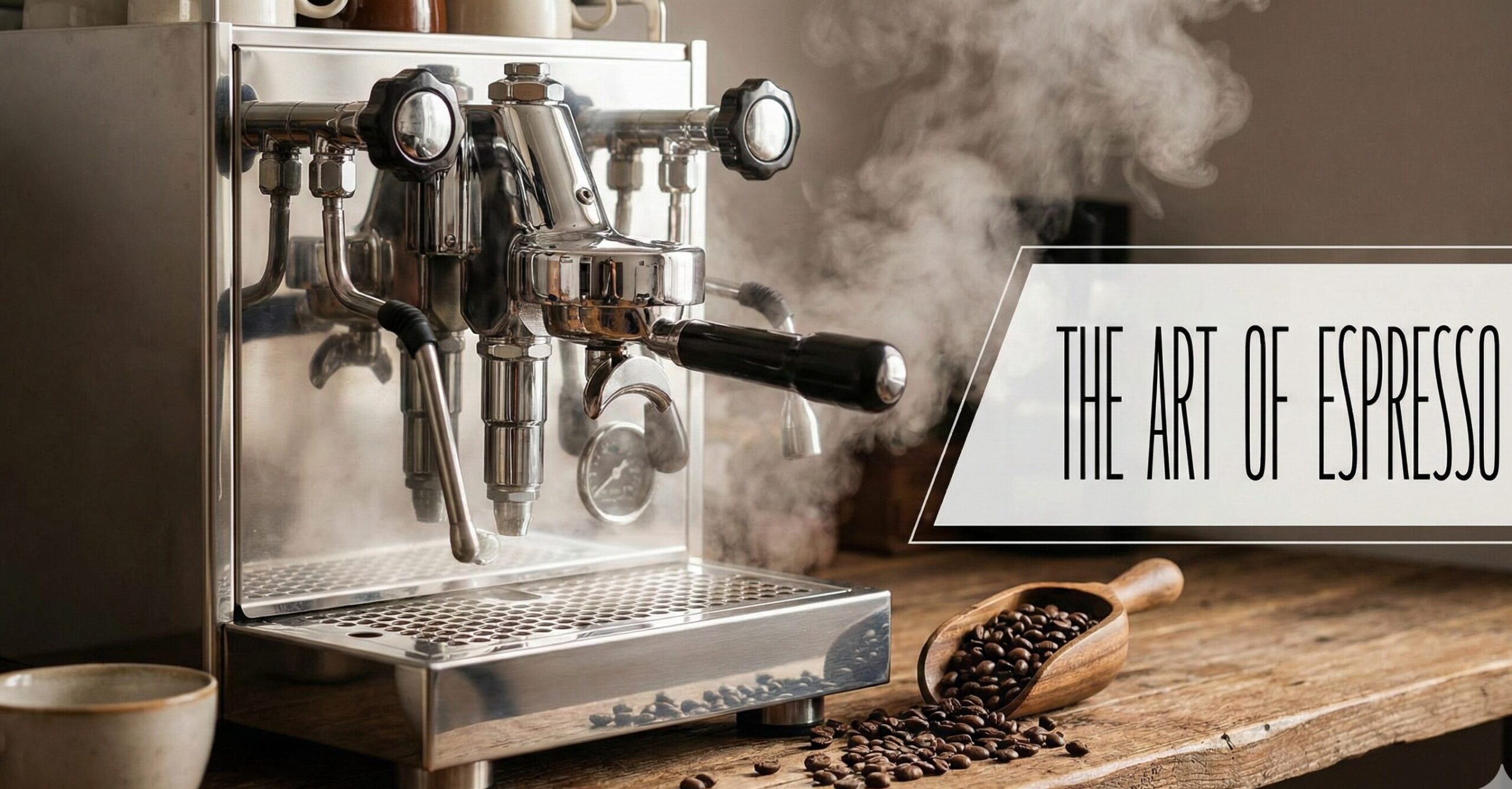 Professional espresso machine with coffee beans and steam