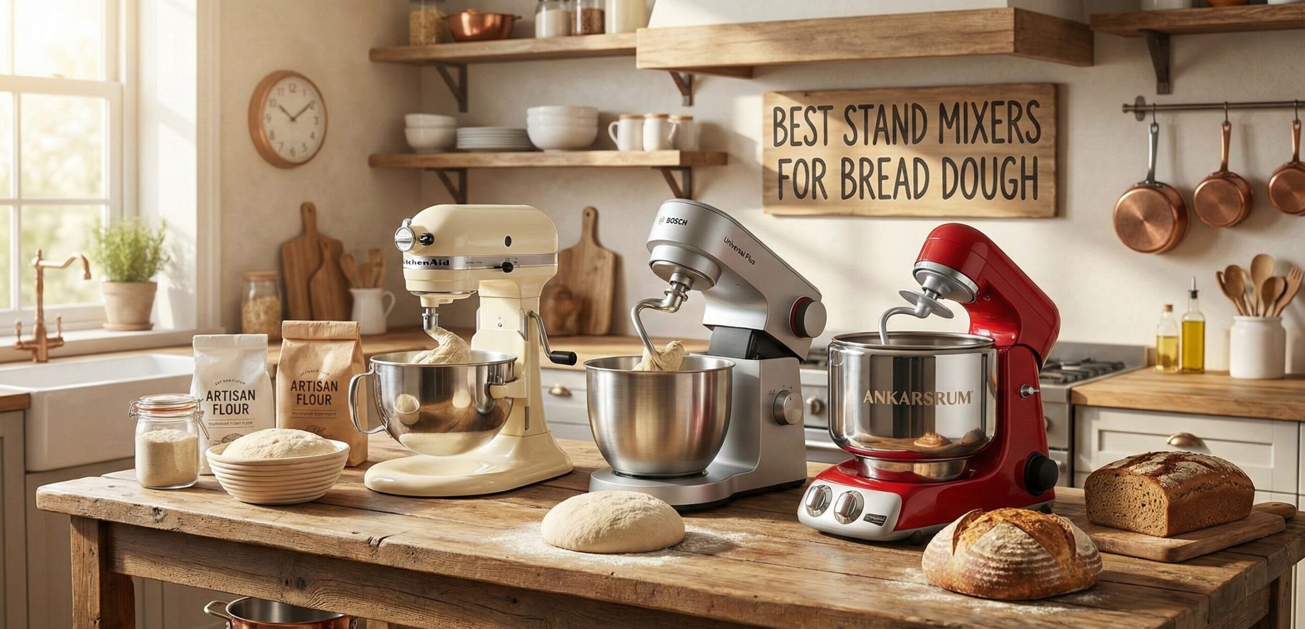 Professional stand mixer kneading bread dough on marble counter